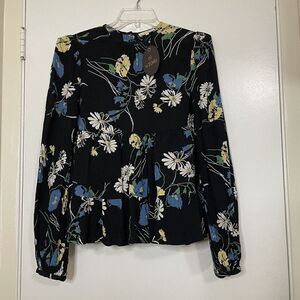 NEW! By TIMO BLACK FLORAL DAISY RUFFLE HEM SPRING BLOUSE TOP SIZE Small